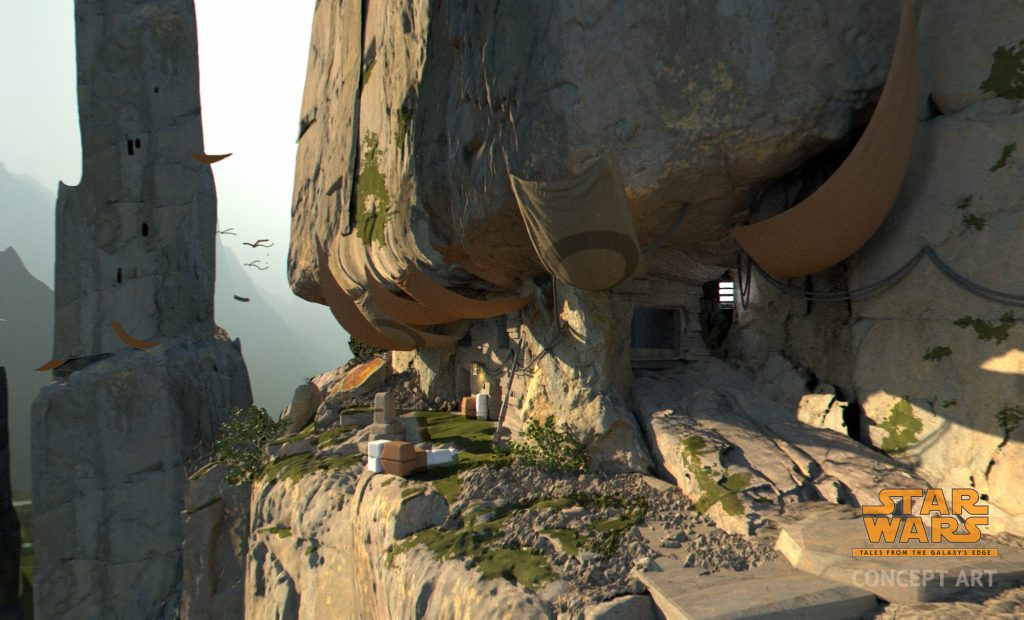 A concept art of the Batuu Wilds, a large rock with an entrance and the vista in the horizon.